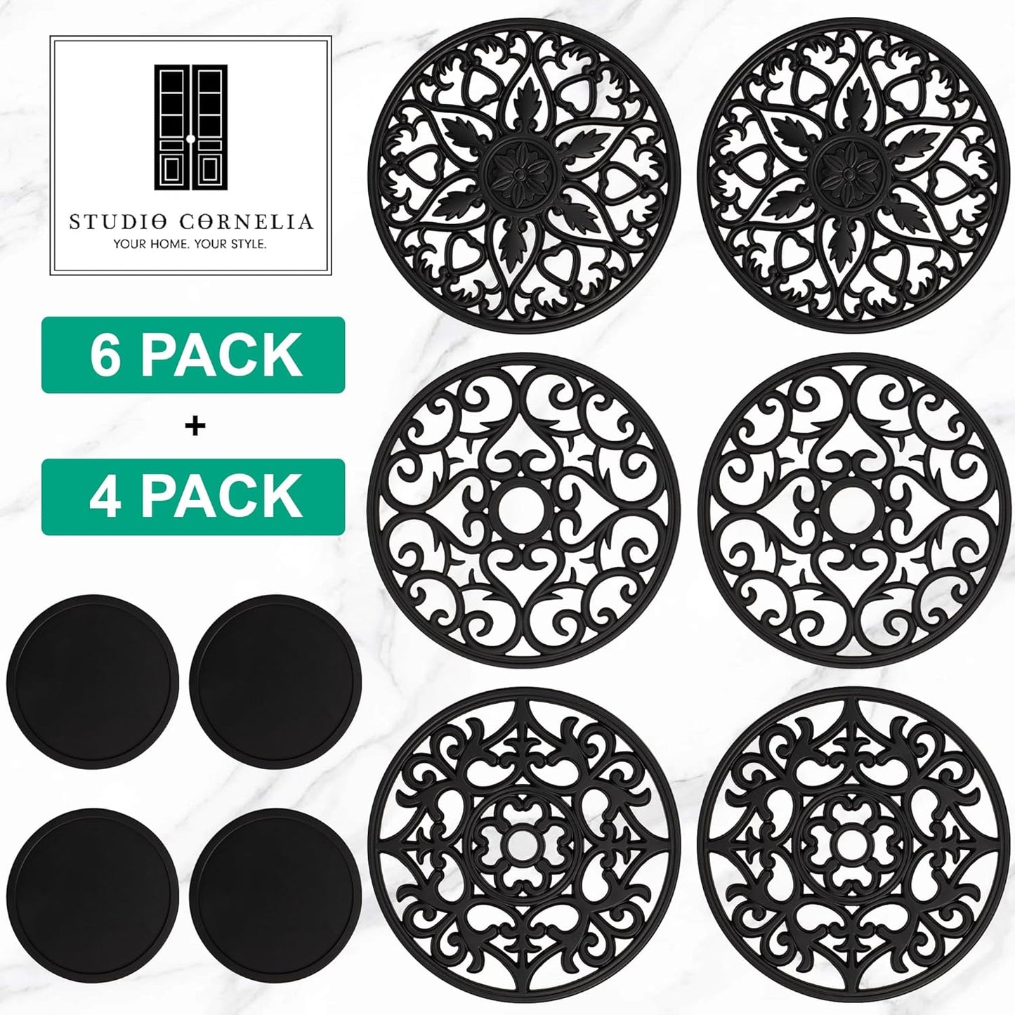 Studio Cornelia's 6 Decorative Heat Resistant Silicone Trivet Mats for Hot Pots and Dishes + 4 Coasters