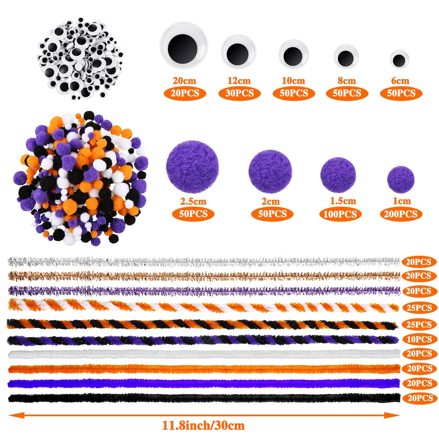 800 Pcs Halloween Pipe Cleaners Sets Include 200 Pack 10 Colors Chenille Stems 200 Pack 5 Sizes Self Adhesive Wiggle Googly Eyes 400 Pcs 4 Sizes Art and Crafts Pompoms for DIY Making