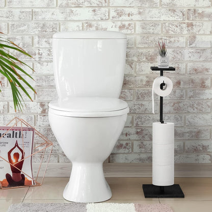 Skiennix Free Standing Toilet Paper Holder - Stylish Black Bathroom Stand with Storage Shelf for Mega Rolls