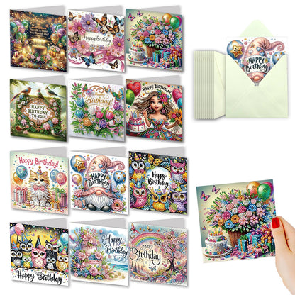 YOKUSHI 12 PCS Diamond Art Painting Birthday Greeting Cards, Fete Day Craft DIY Card Making Kits for Adults Gifts (Happy Birthday)