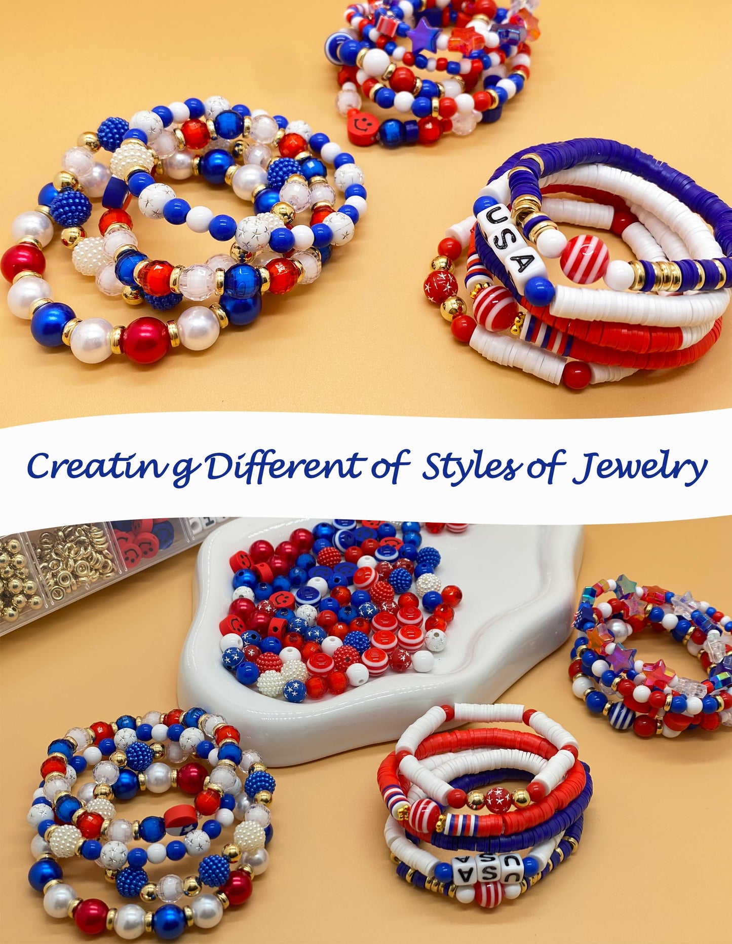 1461Pcs Red White Blue Beads for Bracelet Making Kit 4th of July Patriotic Beads for Jewelry Making Independence Day Clay Stars Acrylic Pearl Letter Bead with America Flag Heart Hat Pendant Charms