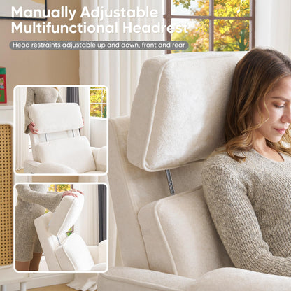 Rhevoy Oversized Power Rocker Recliner Chair, 26" Extra Wide Swivel Recliner with Adjustable Headrest, Chenille Glider Rocking Nursery Chair with Overstuffed Armrest, USB Ports, Cream