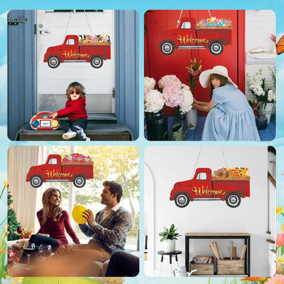 APCGSM 13PCS Interchangeable Diamond Painting Welcome Sign for Front Door Holiday Decor Red Truck Hanging Sign DIY Diamond Art Kits for Adults Interchangeable Seasonal Decor for Home Wall Farmhouse