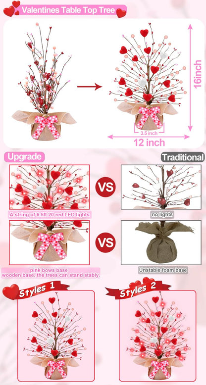 Valentines Day Decorations,Timer Lighted Valentine's Day Tree Tabletop with 20 Red Lights Battery Operated 16 Inch 12 Heart 48 Pink Berries Artificial Tree Valentine's Day Decor Home Party Wedding