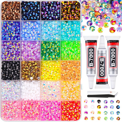 9000Pcs Resin Jelly Rhinestones with Tweezers for Crafting, Mixed-Color 5mm Flatback Gems, Bedazzling Crystal with 3Pcs 10ml B7000 Jewelry Glue for DIY Crafts Clothing Tumblers Shoes Nail Art