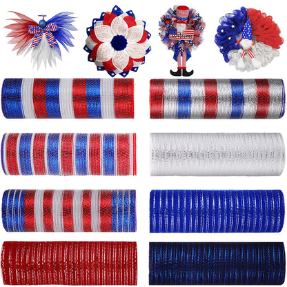 Newwiee 8 Rolls Patriotic Mesh Ribbon for Wreaths 10 Inch x 30 Feet Each Roll Veteran Decor Red White Blue Mesh Ribbon Metallic Foil 4th of July Decoration DIY Crafts Making Supplies