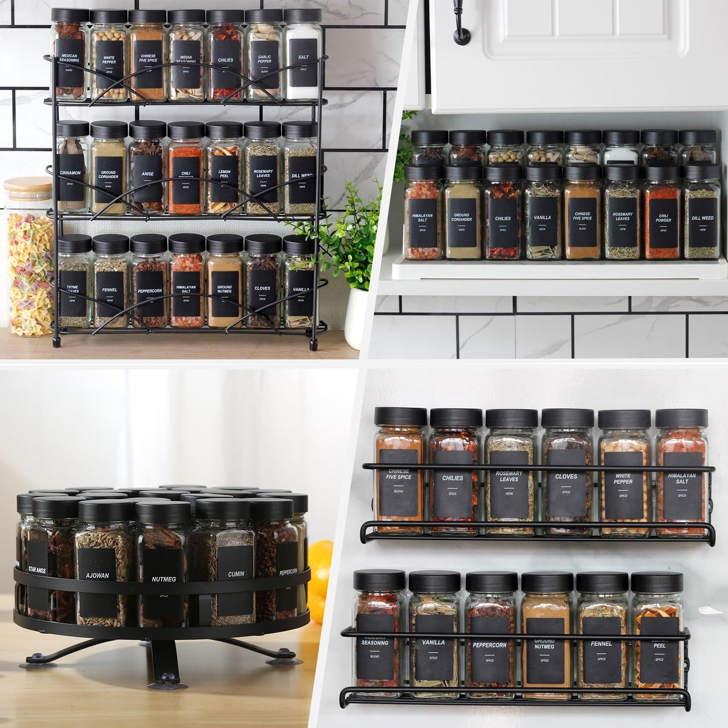 24Pcs Spice Jars Containers with Labels，4oz Black Seasoning Bottles with Shaker Lids for Rack, Cabinet, Drawer,Empty Square Condiment Pots (24, Black)