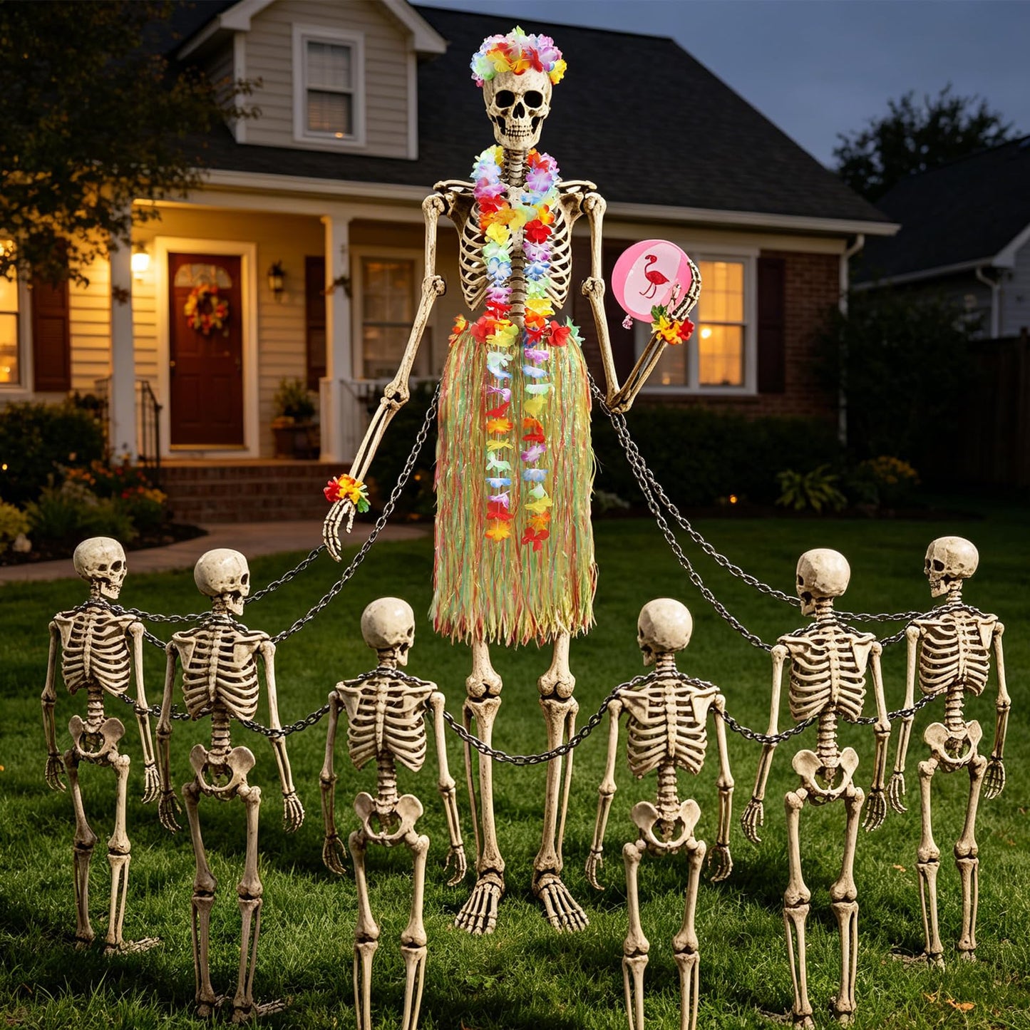 7Pcs Summer Hawaiian 12 ft Skeleton Costume Accessories Include Inflatable Flamingo Swimming Ring Hawaiian Hula Grass Skirt Beach Ball Wristbands Flower Garlands for Garden Lawn Luau Party Decor