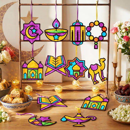 Eersida 32 Pcs Eid Suncatcher Craft Kit for Adults, Ramadan Mubarak Ornaments DIY Stained Glass Effect Paper Window Crafts for Islamic Creative Party Favors Art Projects