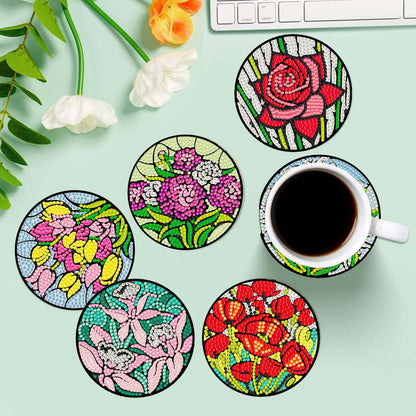 6 Pcs 5D DIY Beautiful Flowers Diamond Paintings Coasters with Holder for Adults Beginners, Round Full Drill Diamond Art Craft Supplies (Flowers QLBD-15)