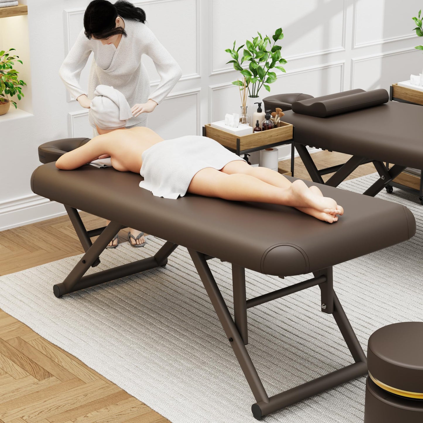 pouseayar Adjustable Massage Table with Face Pillow & Headrest, Sturdy and Solid, Silent and Easy to Adjust - Fixed Backrest, Brown