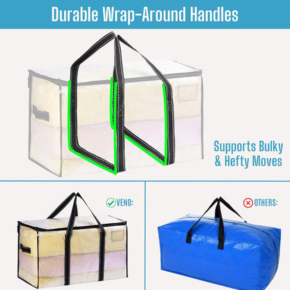 VENO 8 Pack Moving Bags, Heavy Duty Totes with Lids, College Packing Storage Boxes, Extra Large, Sturdy Handles, Zipper