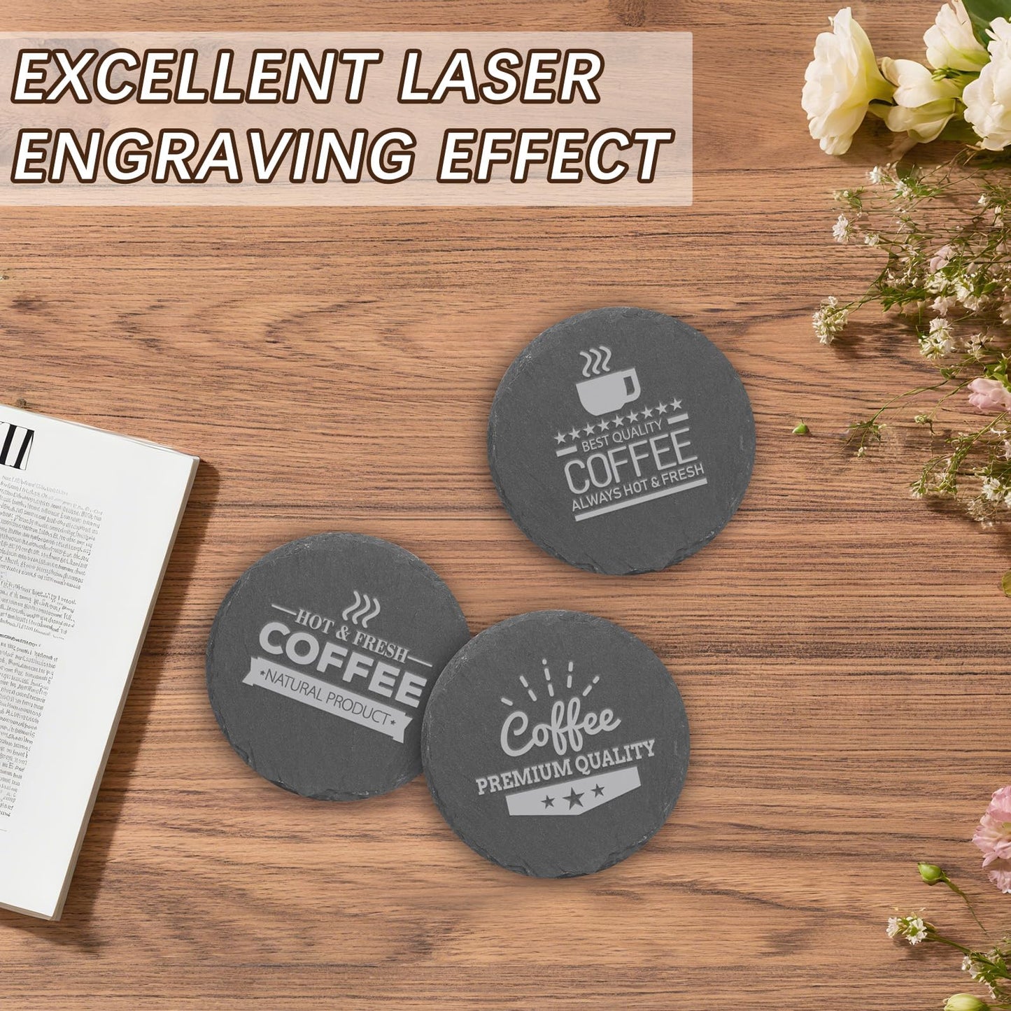 72 PCS Black Natural Slate Coasters Bulk Set 4 Inch Laser Engraving Blanks with Anti Scratch Bottoms for Home, Office, Bar, Gifts Round Coasters