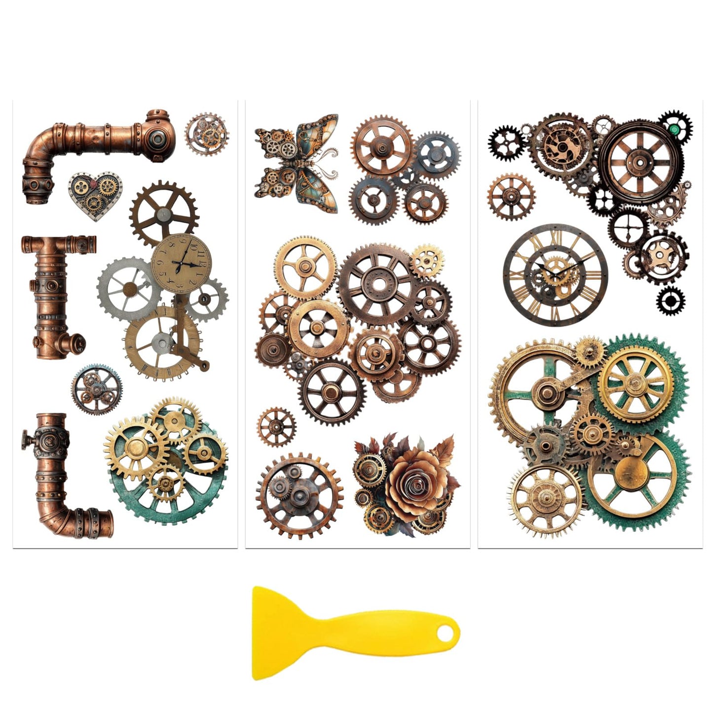Peacoblue Rub on Transfer Decal Sticker for Furniture Craft Decor 6"x12" Steampunk Gears, 3Pcs Waterproof UV DTF Transfer for Drawer Dresser Glass Porcelain Wood Plastic