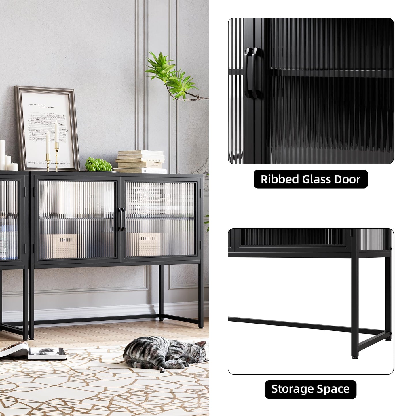 GAOMON Buffet Cabinet with Glass Doors, Sideboard Cabinet with Adjustable Shelves, Freestanding Glass Doors Storage Cabinet for Kitchen, Living Room, Dining Room, Black