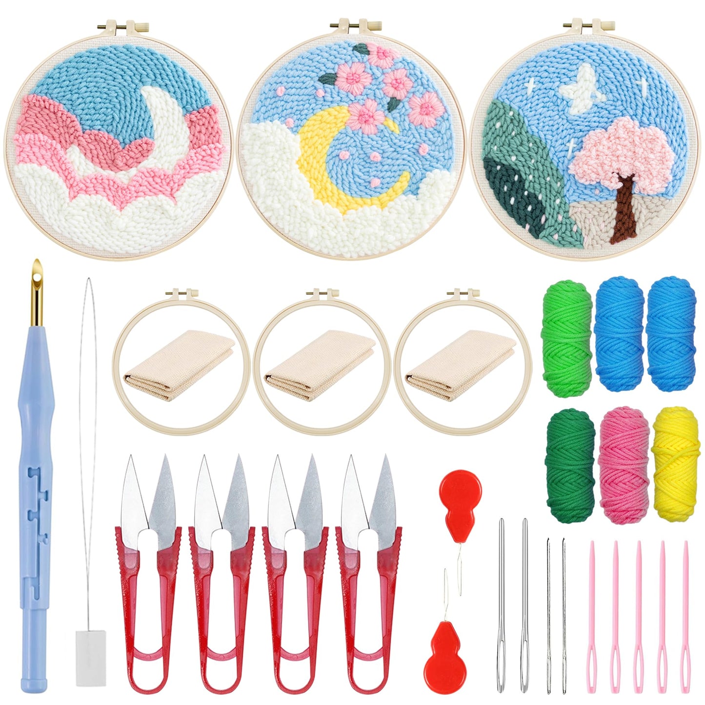 Woohome Punch Needle Kit Included Plastic Hoops, Punch Needle Cloth, Color Yarn and Punch Needle Tools for Adults, Beginners (Moon and Trees)