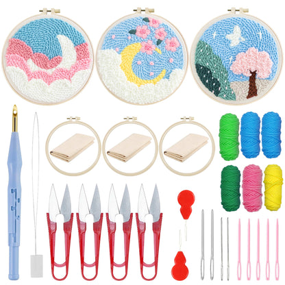 Woohome Punch Needle Kit Included Plastic Hoops, Punch Needle Cloth, Color Yarn and Punch Needle Tools for Adults, Beginners (Moon and Trees)