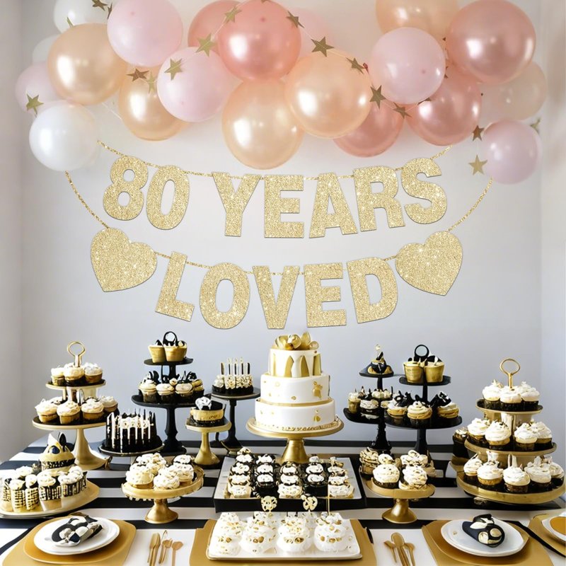 80 Years Loved Banner for 80th Birthday Decorations for Men Women Pre-Strung Birthday Banner Party Decorations Gold Glitter