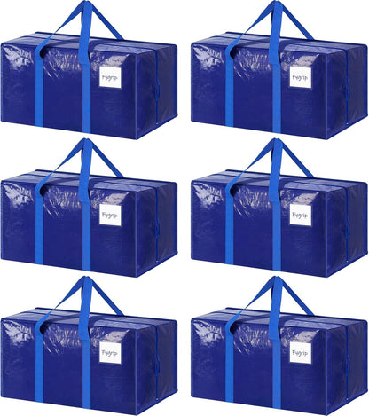 Skiennix 6 Pack Extra Heavy Duty Moving Bags - Strong Zipper & Comfortable Handles | Durable Blue Storage Totes