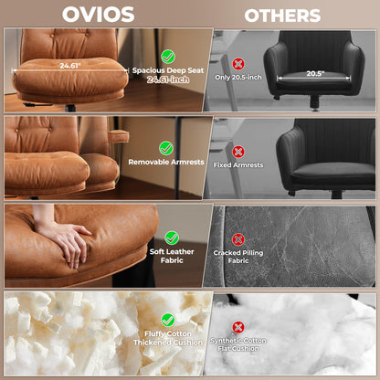 ovios Ergonomic Office Chair, High Back Faux Leather Executive Chairs with Thick Cushion, Comfy Mid-Century Modern Swivel Rolling Computer Armchair (Brown, Suede Leather)