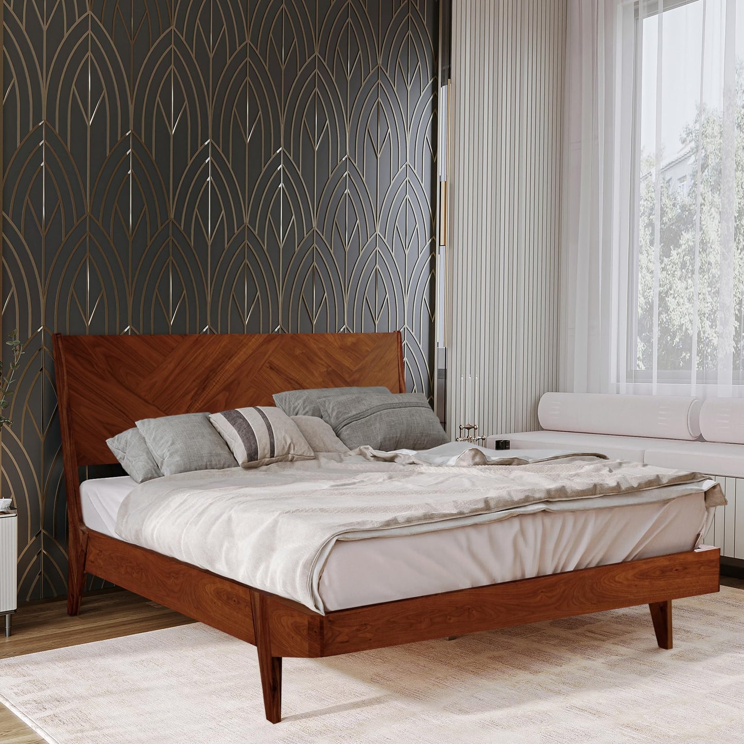 RORNS Gazelle Bed Frame with Headboard Solid Wood Platform Bed, Queen Bed Frames, Optical Illusion Tall Headboard Wood Bed Compatible with All Mattress Types, No Box Spring Needed, Walnut