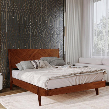 RORNS Gazelle Bed Frame with Headboard Solid Wood Platform Bed, Queen Bed Frames, Optical Illusion Tall Headboard Wood Bed Compatible with All Mattress Types, No Box Spring Needed, Walnut