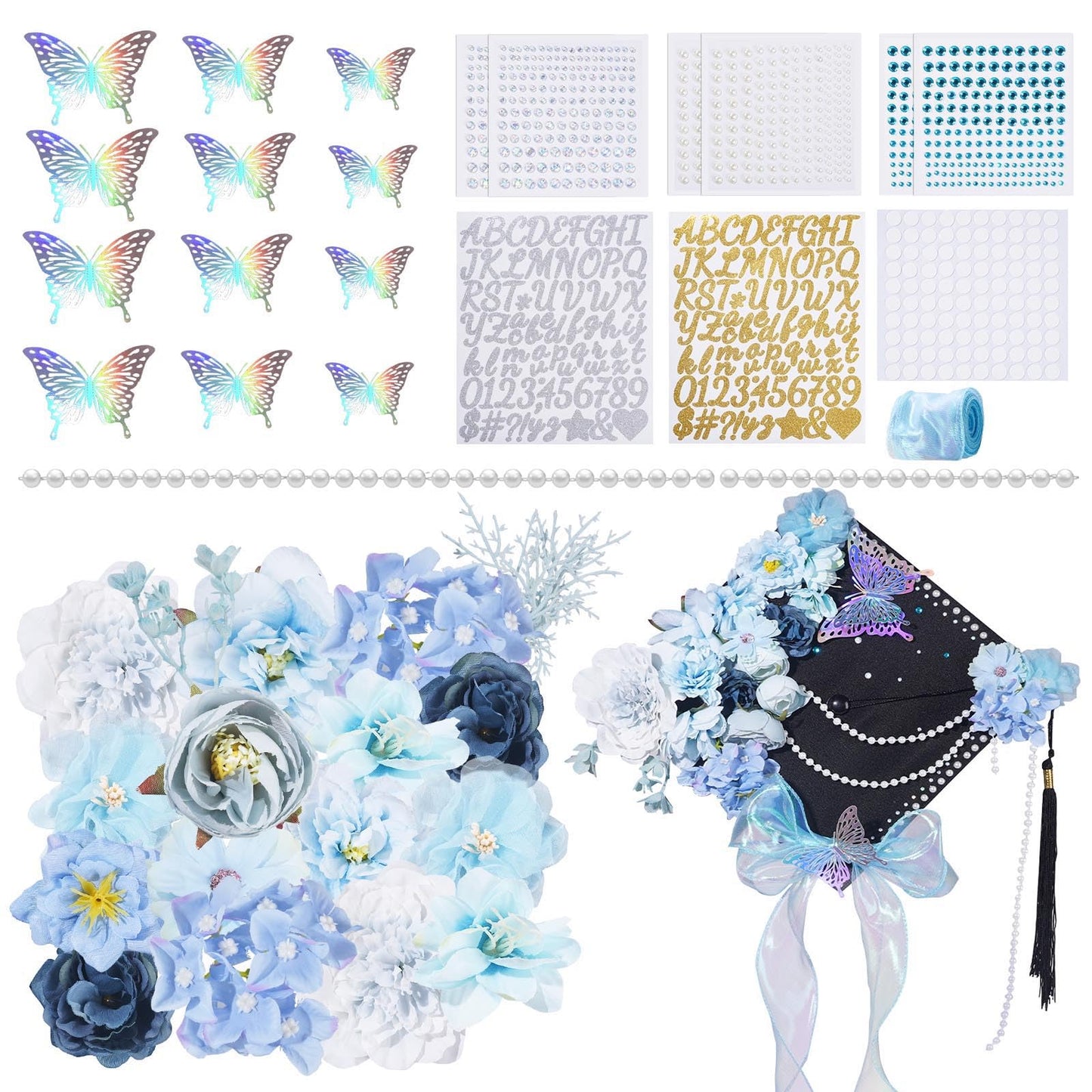 Pineraap Graduation Cap Decorations Kit, Artificial Flower Heads 3D Butterfly Stickers Rhinestones Letter Number Stickers Pearls String Decor Ribbon for DIY Grad Cap Topper Party Supplies, Blue