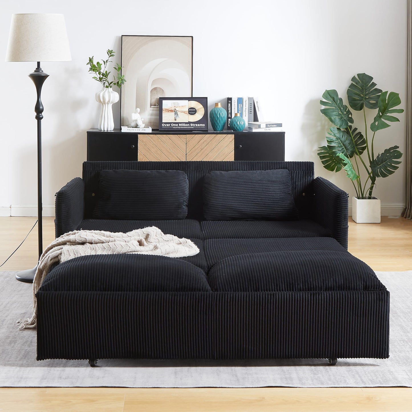 Eafurn 3 in 1 Convertible Pull Out Sleeper Sofa Couch Bed Queen Size, Corduroy Pullout Lounge Loveseat RV Sofa&Couches Sofabed with Soft Pillows Armrest,Side Pockers for Living Room Apartment