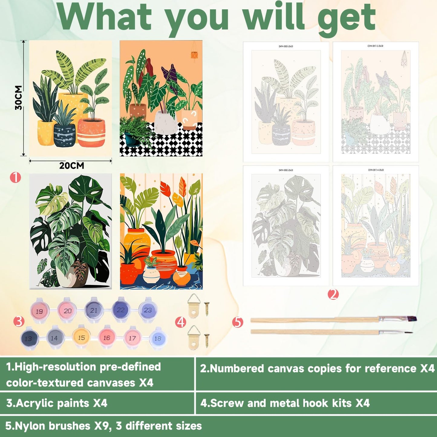 ICYANART 4 Pack Paint by Numbers kit for Adults with Frame and Wooden Easel, Plant Adult Paint by Number Kits, DIY Acrylic Oil Painting by Number for Beginners Home Wall Decor Gift (8x12 inch)