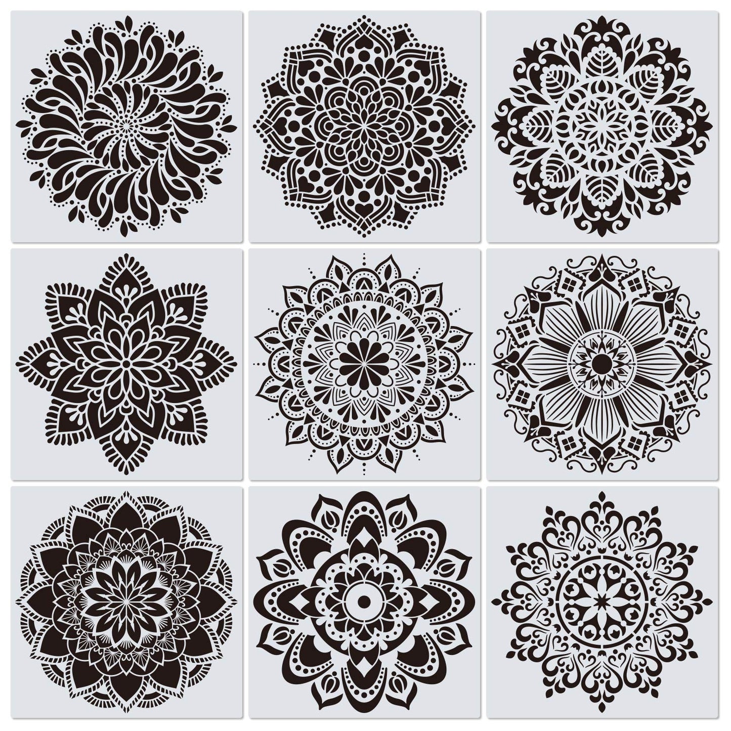 9 Pack 12 x 12 Inch Large Rangoli Stencils Mandala Stencil Laser Cut Painting Template for DIY Art | Wall Stencil, Tile Stencil, Floor Stencils - Wall Stencils for Painting Large Pattern