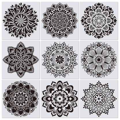 9 Pack 12 x 12 Inch Large Rangoli Stencils Mandala Stencil Laser Cut Painting Template for DIY Art | Wall Stencil, Tile Stencil, Floor Stencils - Wall Stencils for Painting Large Pattern