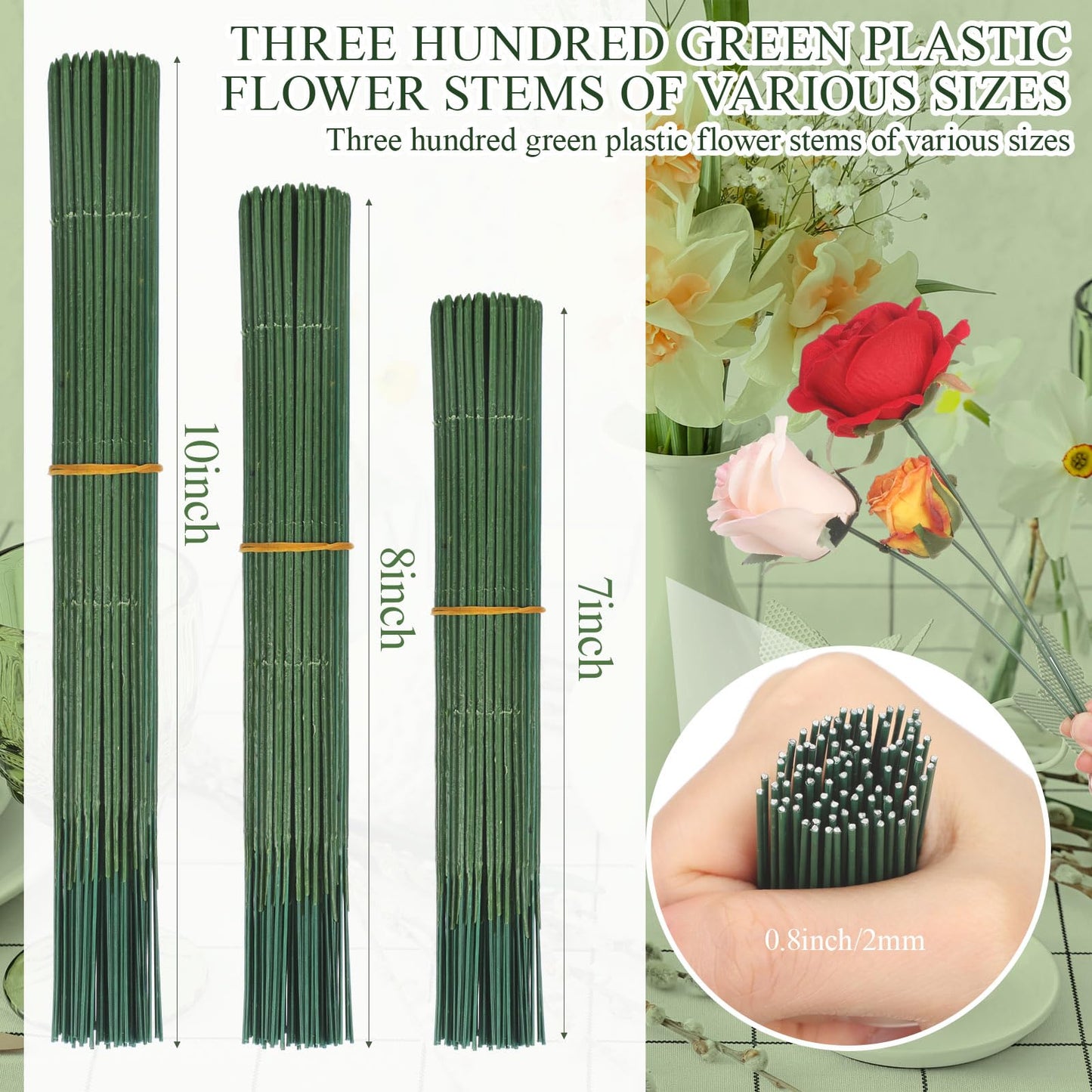 Suncalla 300pcs Artificial Flower Stems, 6.7in、8in、10in Plastic Green Floral Wire Stems for Artificial Flower Making, DIY Crafts Bouquet Stem Arrangements Decor Supplies