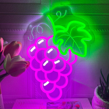 Grapes Neon Sign for Wall Decor, Dimmable Purple Grape Fruit Neon Lights, Vibrant Fruit Themed Neon LED Signs for Kids Room, Bedroom, Restaurant, Bar, Club, Fruit Shop, Birthday Party