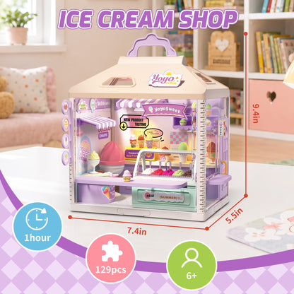 MINDNOOK DIY Miniature House Kit, LED Light-Up Dollhouse, Mini Dollhouse Building Set with Furniture, Craft Hobby Gift for Adults, Teens & Kids Ages 6+ (Ice Cream Shop)