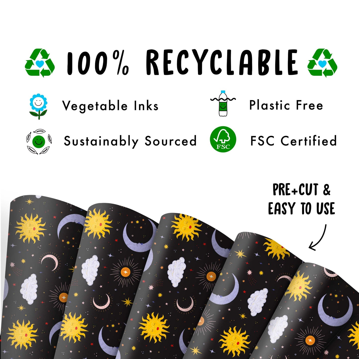 CENTRAL 23 Black Celestial Gift Wrap - 6 Sheets With Moons, Suns & Stars Galaxy - Birthday Wrapping Paper For Teens, Adults & Astrology Lovers - Christmas Holidays, Halloween - Recyclable