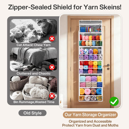 Hanging Yarn Storage Organizer with 5 Zipper Closure Compartments, Large Capacity Knitting Organizer Storage, Over the Door Hanging Knitting Yarn Holder for Crochet, Knitting Needles, Clear Grey