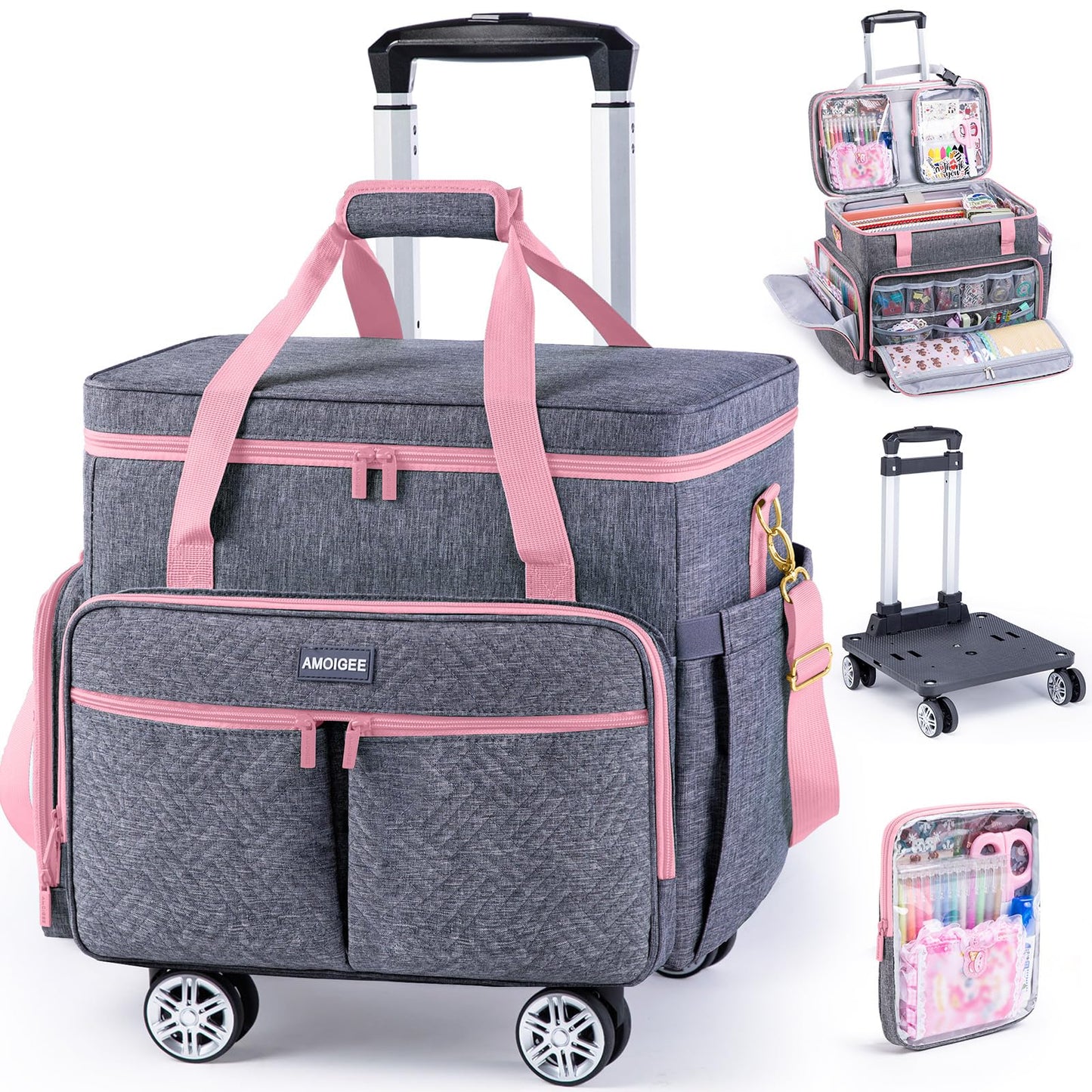 AMOIGEE Rolling Tote Bag with Wheels and Handle, Sewing Machine Case, Craft Organizer Tote for Scrapbooking Storage, Teacher Rolling Bag, Craft Supply Storage, Art Bag, Rolling Cart for Teachers