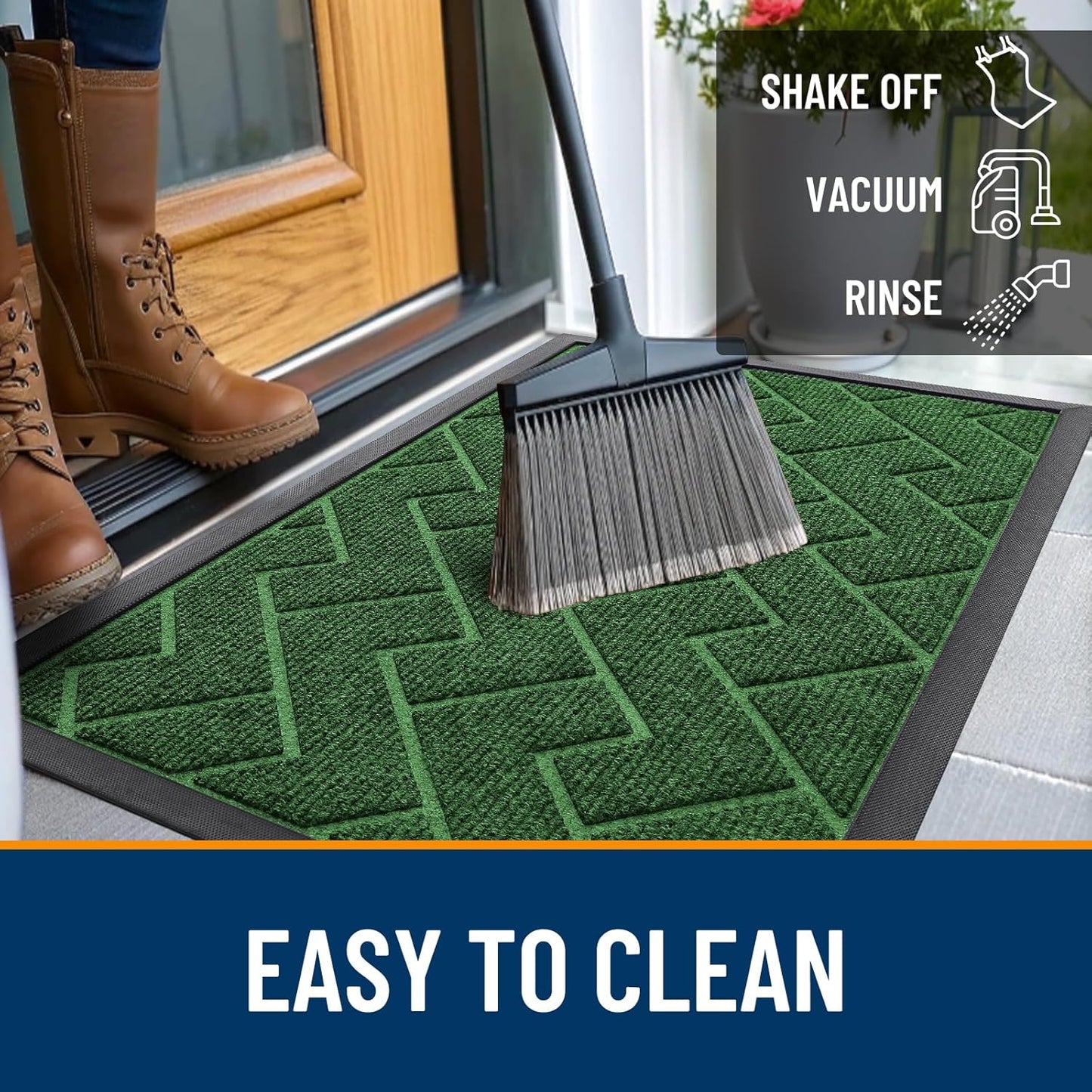 OLANLY Waterproof All-Season Front Door Mat - Sturdy Natural Rubber, Easy Clean Herringbone Design (Green, 59x35)