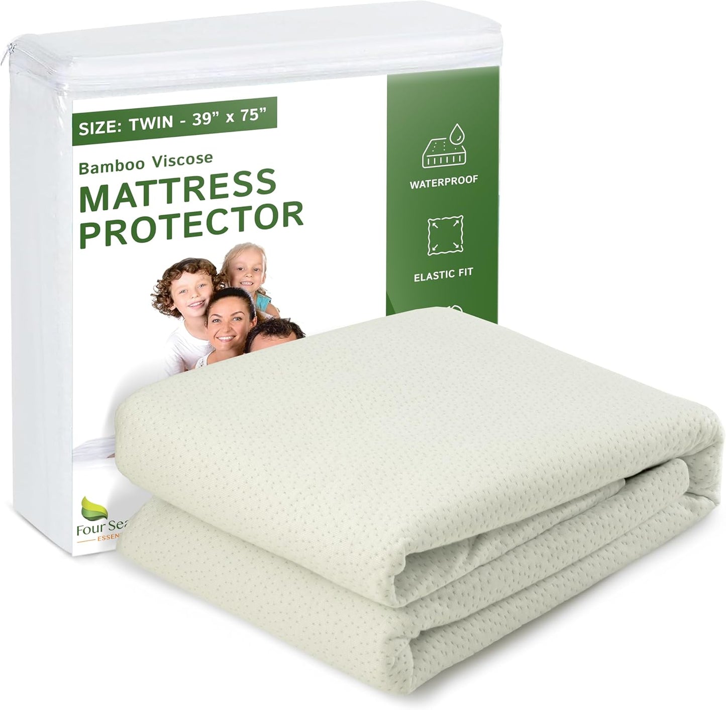 Four Seasons Essentials Twin Size Waterproof Mattress Protector, Quilted Jacquard Pad, Cooling Viscose from Bamboo