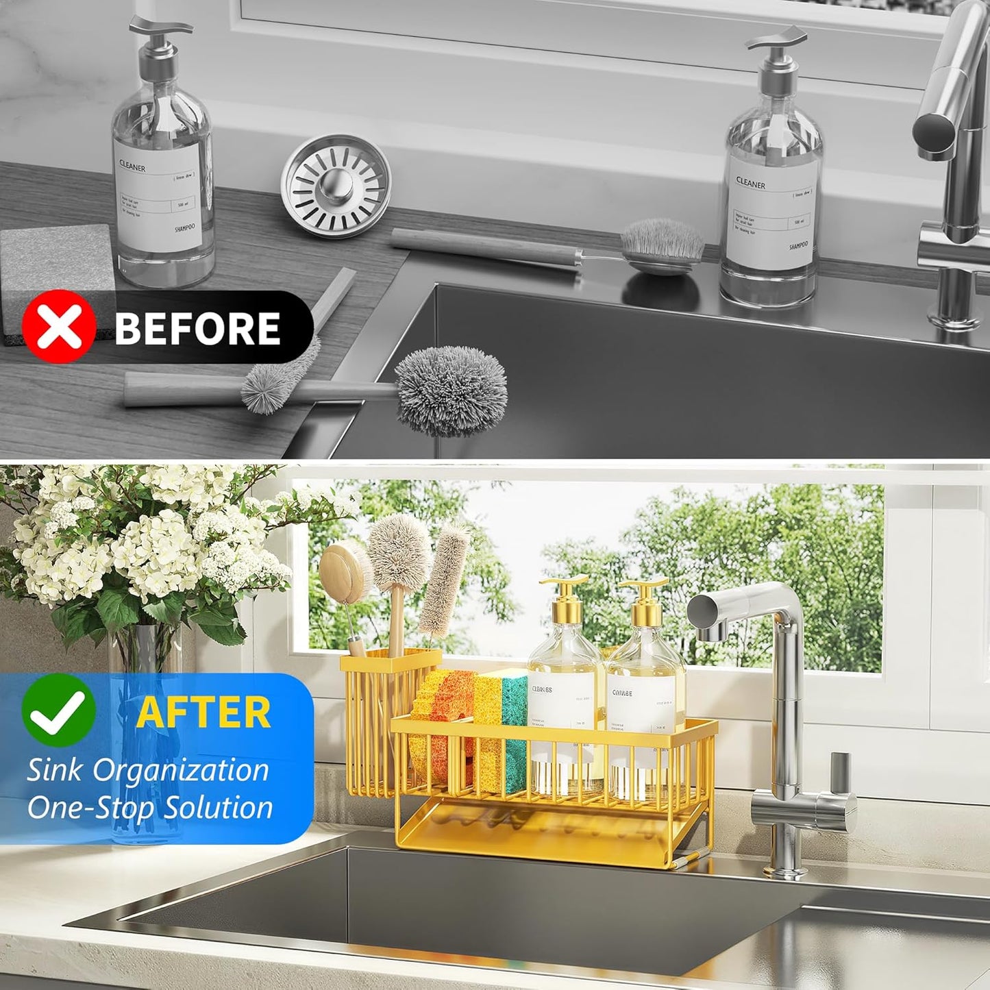 304 Countertop Cisily Lemon Yellow Sink Caddy Organzier with High Brush Holder, Sponge Holder for Sink, Rustproof