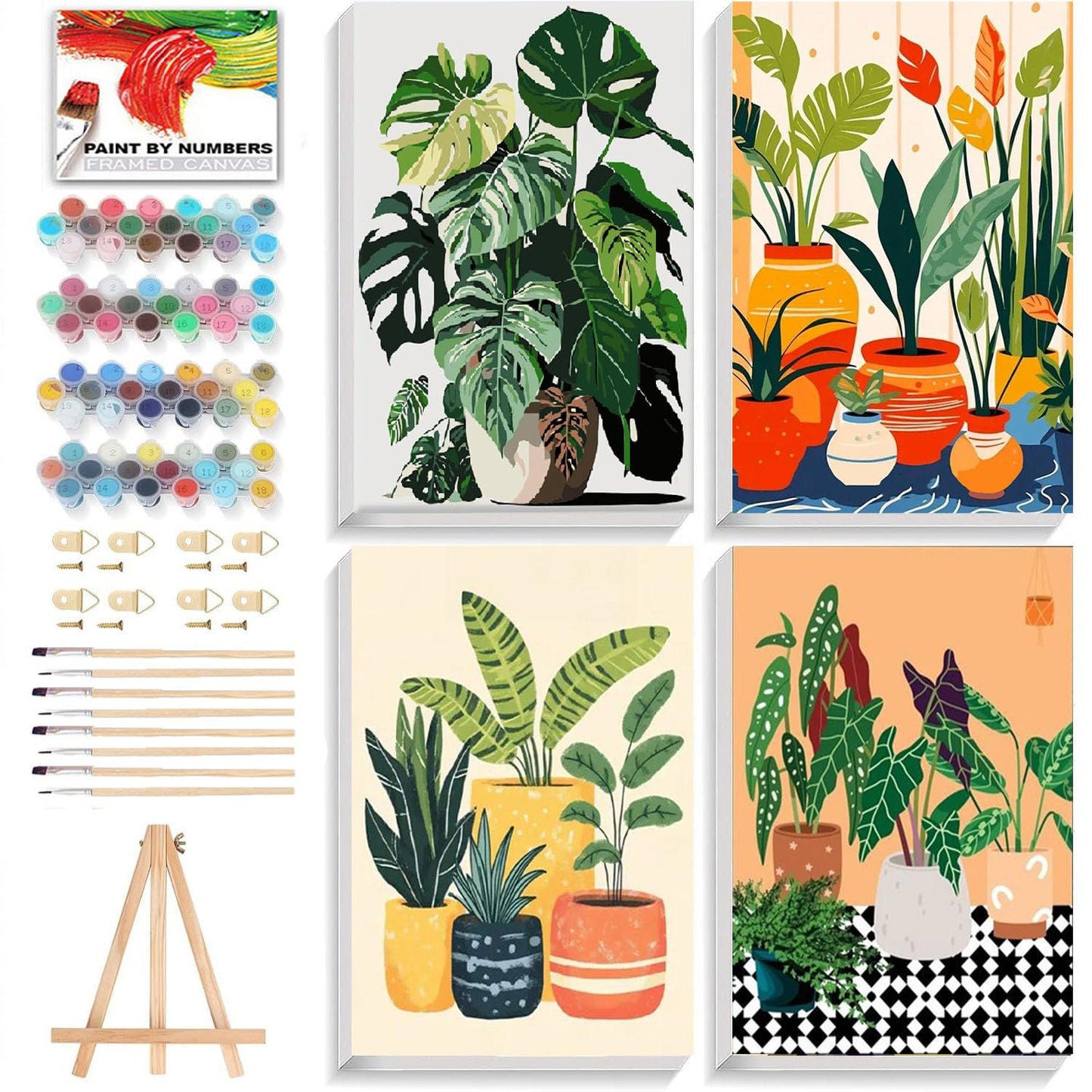 ICYANART 4 Pack Paint by Numbers kit for Adults with Frame and Wooden Easel, Plant Adult Paint by Number Kits, DIY Acrylic Oil Painting by Number for Beginners Home Wall Decor Gift (8x12 inch)