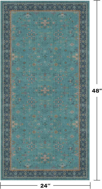Skiennix Washable Teal Throw Rugs - Non-Slip Boho Floral Indoor Carpet for Entryway & Bathroom | Small Size, Stain & Fade Resistant