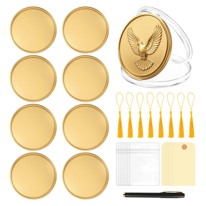 8Pcs 40mm Blank Brass Coins for Laser Engraving, Solid Blank Challenge Coin Set with with Acrylic Protection Box, Resealable Bag, Card, Tassel and Pen for DIY, Customization Gift & Memorial