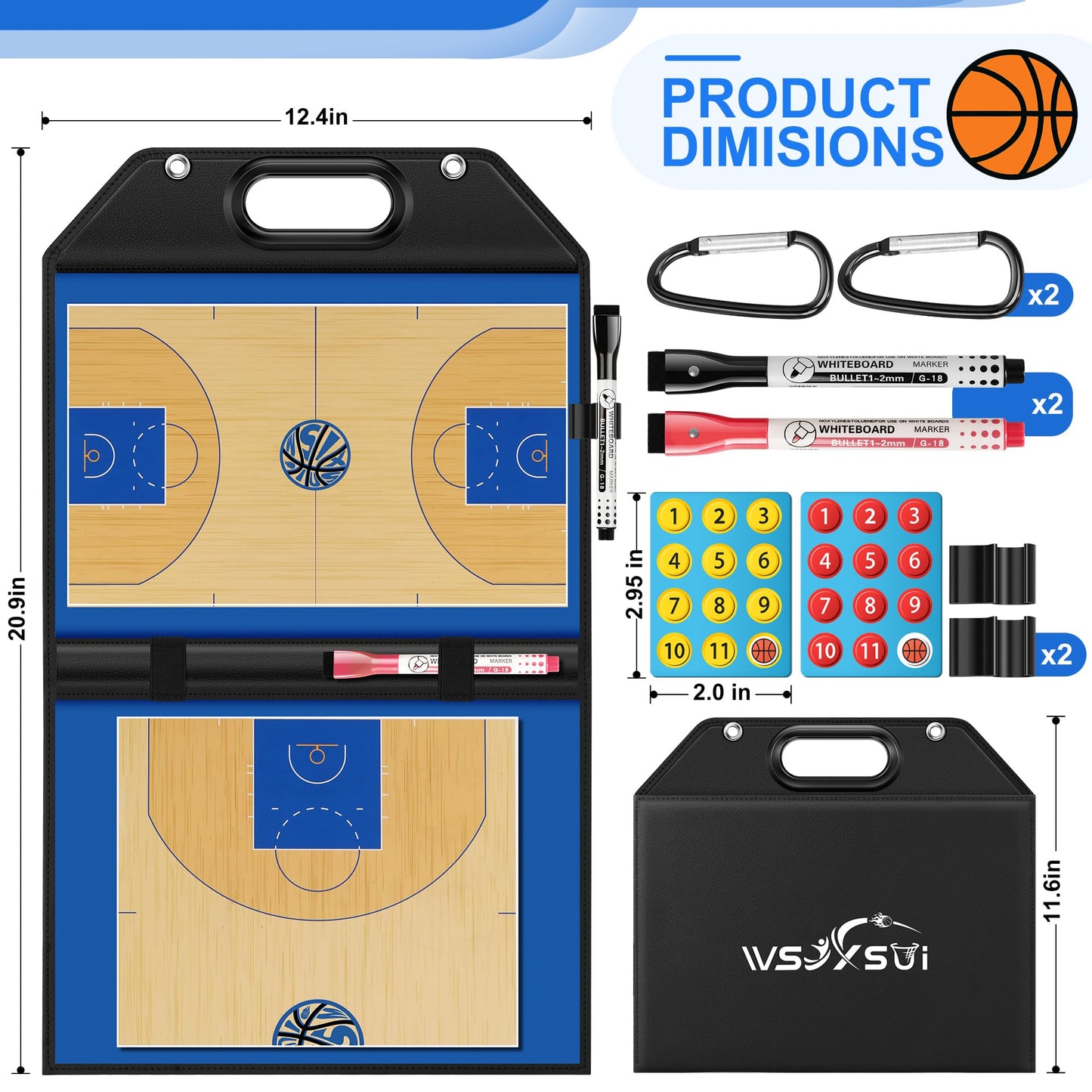 Wsixsui Magnetic Basketball Coaching Board | Foldable Leather Basketball Clipboard Kit for Coaches | Professional Basketball Tactic Board | Dry Erase Strategy Whiteboard | Carry Handle | Lightweight