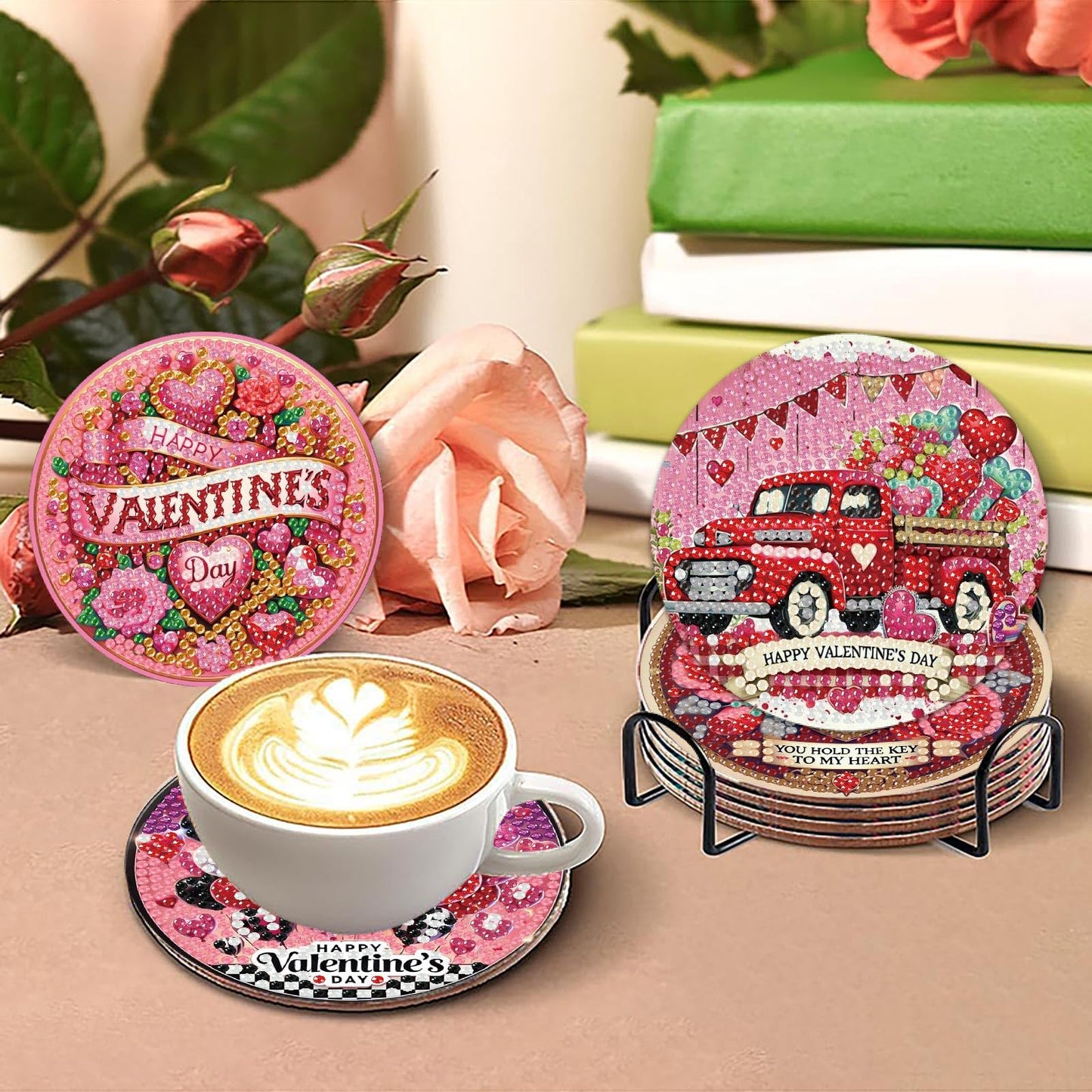 NEGEKFKX 8 Pcs Valentine's Day Diamond Art Painting Coasters Kits, Coaster with Holder for Adults, Non-Slip DIY Dot Paint Craft Kits,5D Full Drill DIY Diamond Dot Gem Art Kit Home Decor Arts Craft
