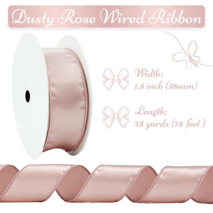 LIZLOVESS Dusty Rose Satin Wired Ribbon 1.5 Inch, Dusty Pink Wire Edge Ribbon for Gift Wrapping, Baby Shower, Wedding Decor, Christmas Tree, Crafts, Wreath Supplies 25 Yards