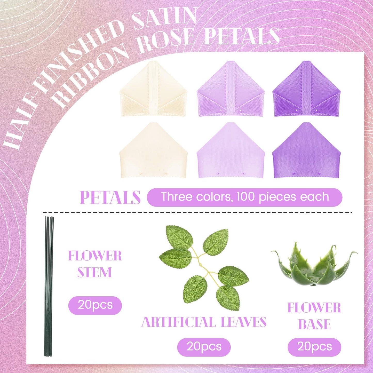 Thiccywoov 360 Pcs Premade Satin Ribbon Rose Petals DIY Kit with Flower Calyx Bases and Leaves Stems Half-Finished for Eternal Rose Flower Bouquet Gift for Anniversary Wedding Birthday(Purple Series)