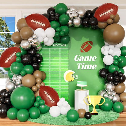 CboDeco Football Balloon Arch Kit, 141PCS Green Brown Black Balloons with Football Foil Balloons for Football Birthday Party Decorations, Touch Down Rugby Super Bowl Party Supplies