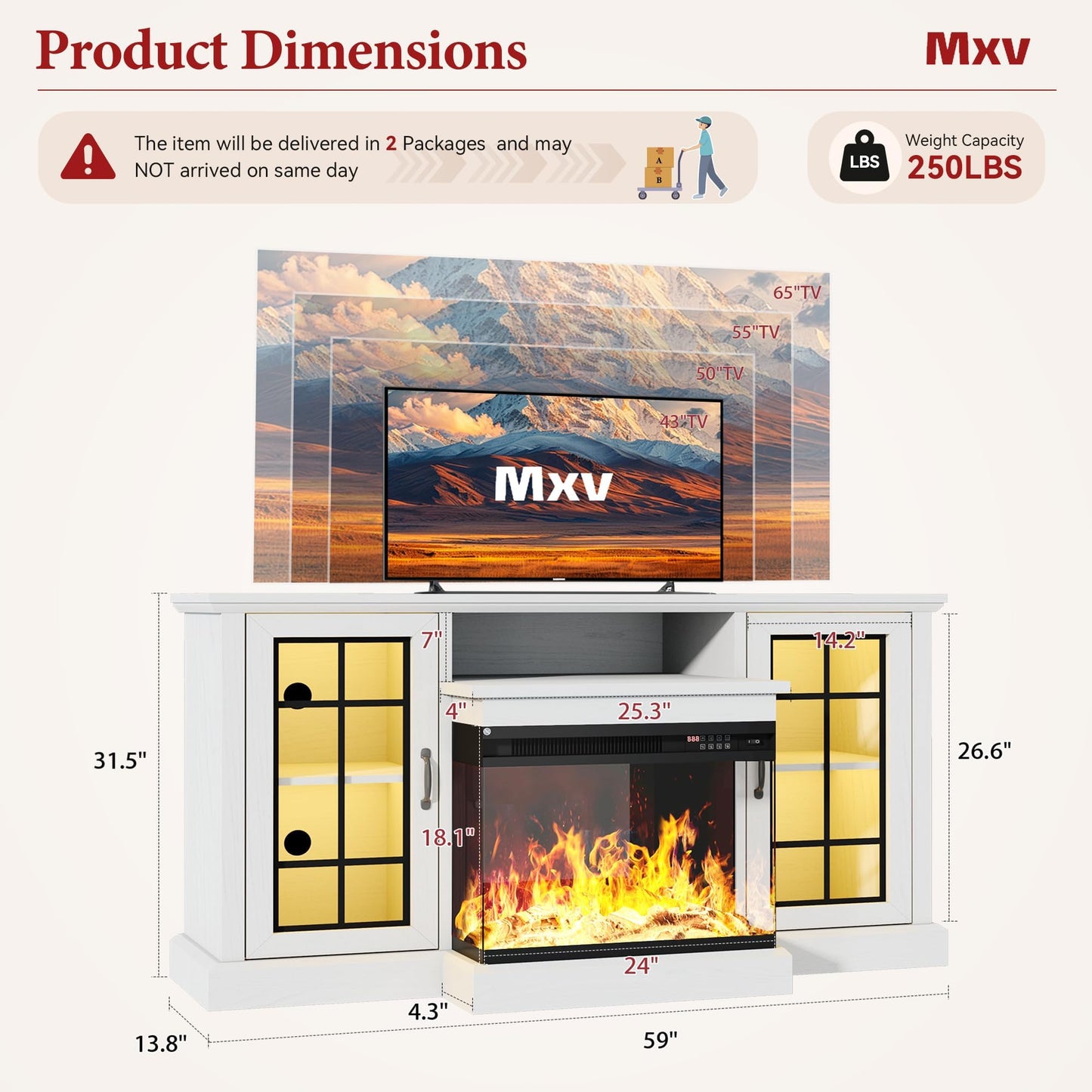 MXV 59'' Fireplace TV Stand, Farmhouse Entertainment Center with 3 Sided Glass TV Stand, Modern Media Console Table with Storage Drawers & Cabinets with LED Flame and Lights for Living Room, White