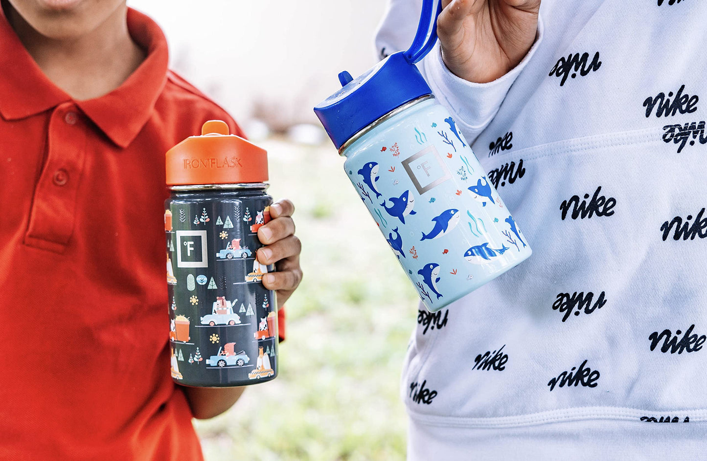IRON °FLASK Kids Water Bottle - Straw Lid, 20 Name Stickers, Vacuum Insulated Stainless Steel, Double Walled Tumbler Travel Cup, Mug - Roadtrip, 14 Oz